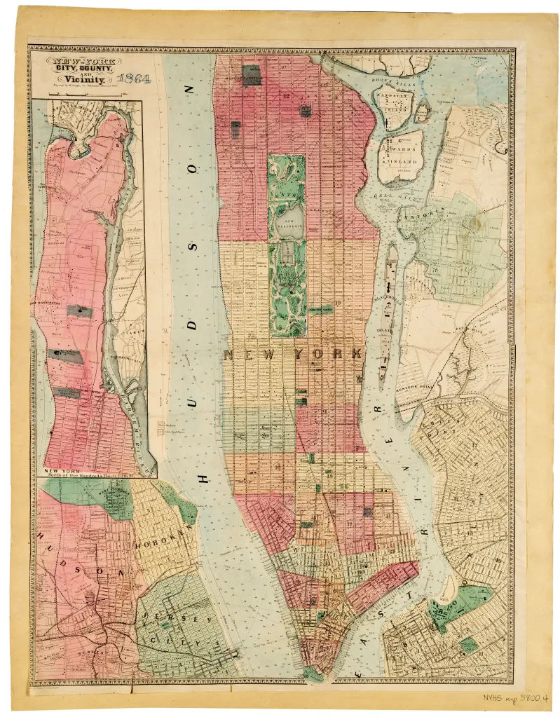 An 1864 map of New York City, County, and vicinity, detailing Manhattan, the Hudson and East Rivers, and surrounding areas.