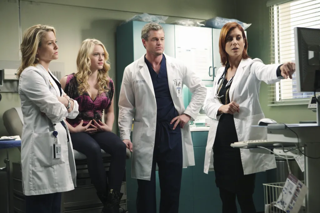 Jessica Capshaw, Leven Rambin, Eric Dane, and Kate Walsh in a scene from Grey's Anatomy.