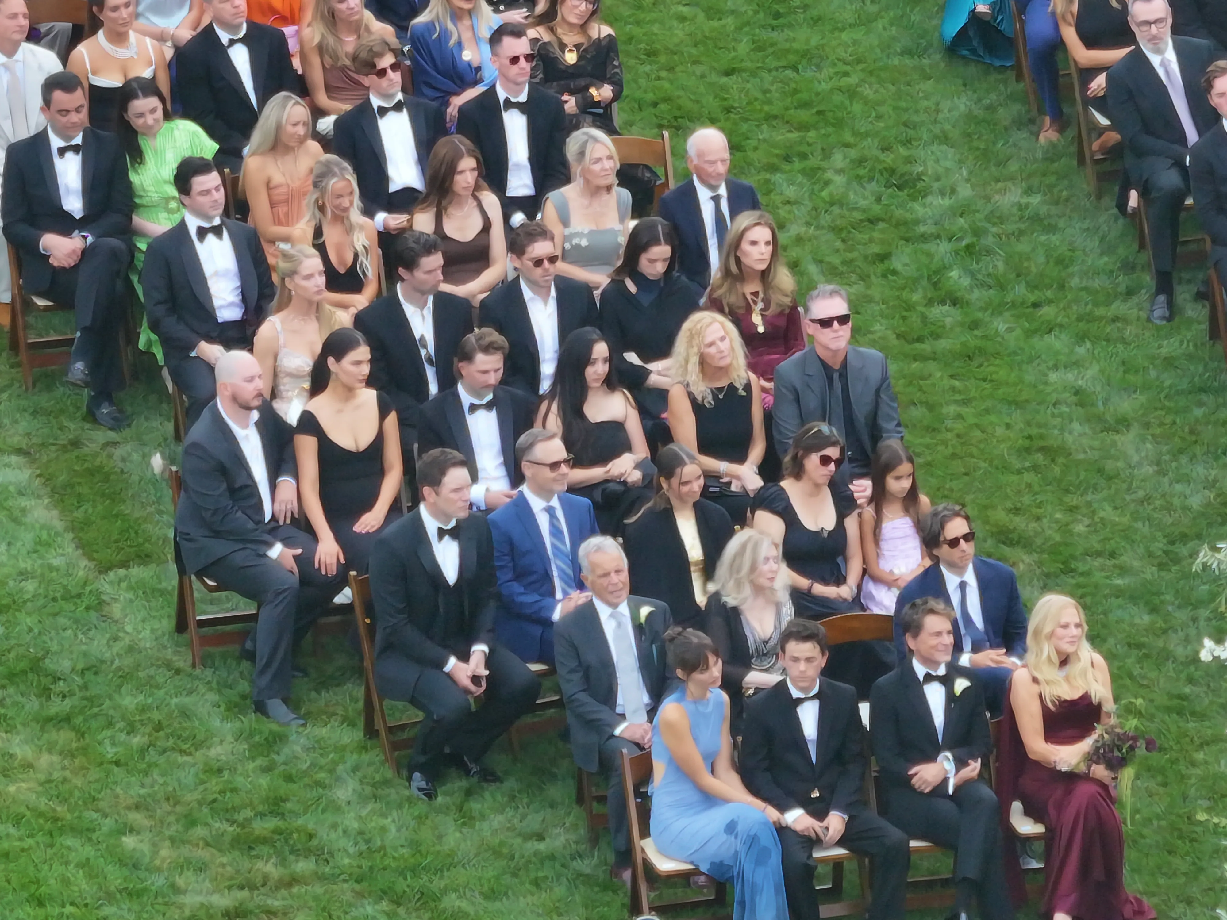 Guests seated on the lawn at Matthew Lowe's wedding, including Rob Lowe, Gwyneth Paltrow, Cameron Diaz, Katy Perry, Chris Pratt, Katherine Schwarzenegger, Maria Shriver, Zoe Saldaña, Adam Levine, and Behati Prinsloo.