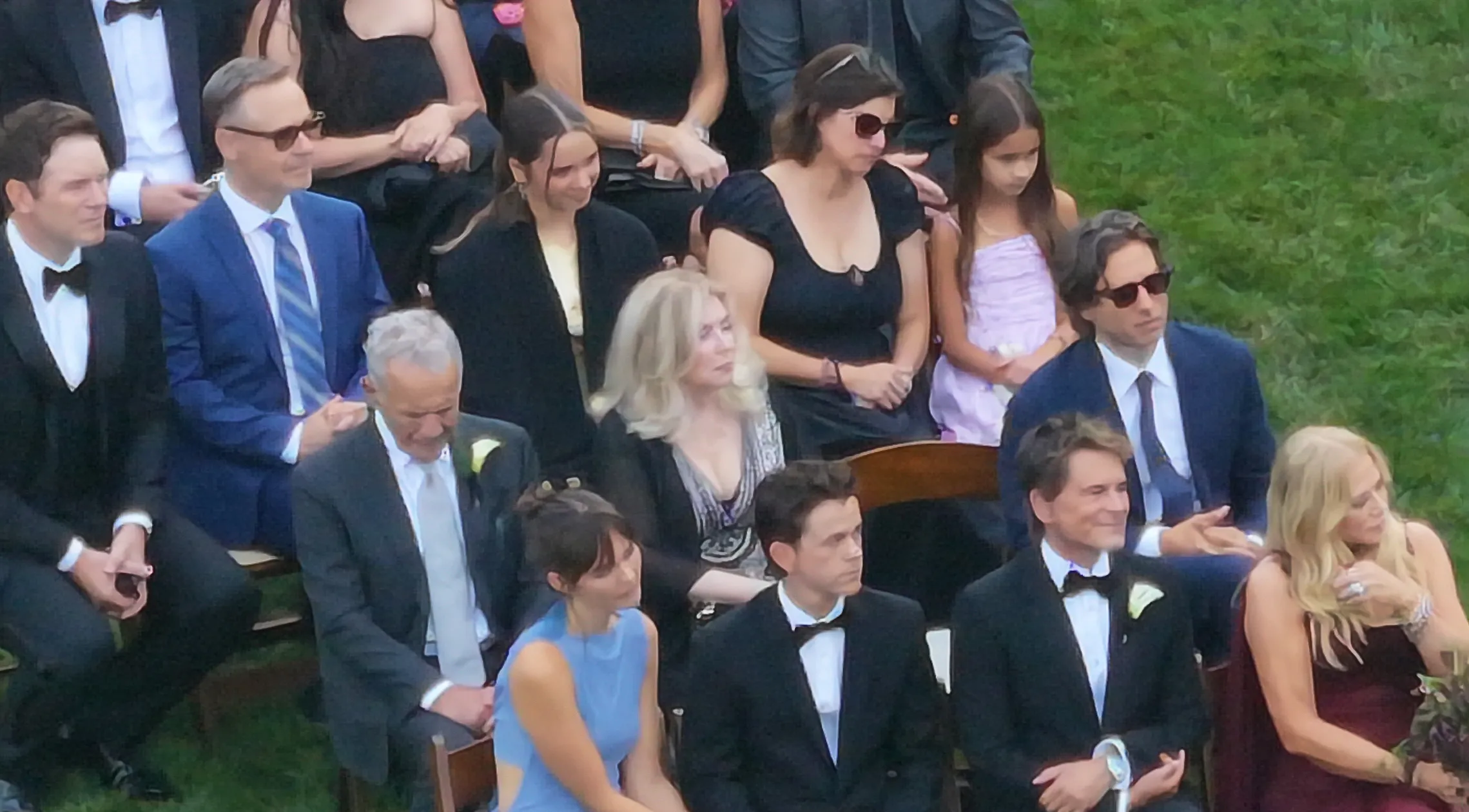 Attendees including Rob Lowe, Gwyneth Paltrow, Cameron Diaz, Katy Perry, Chris Pratt, Katherine Schwarzenegger, Maria Shriver, Zoe Saldaña, Adam Levine, Behati Prinsloo seated at a wedding.