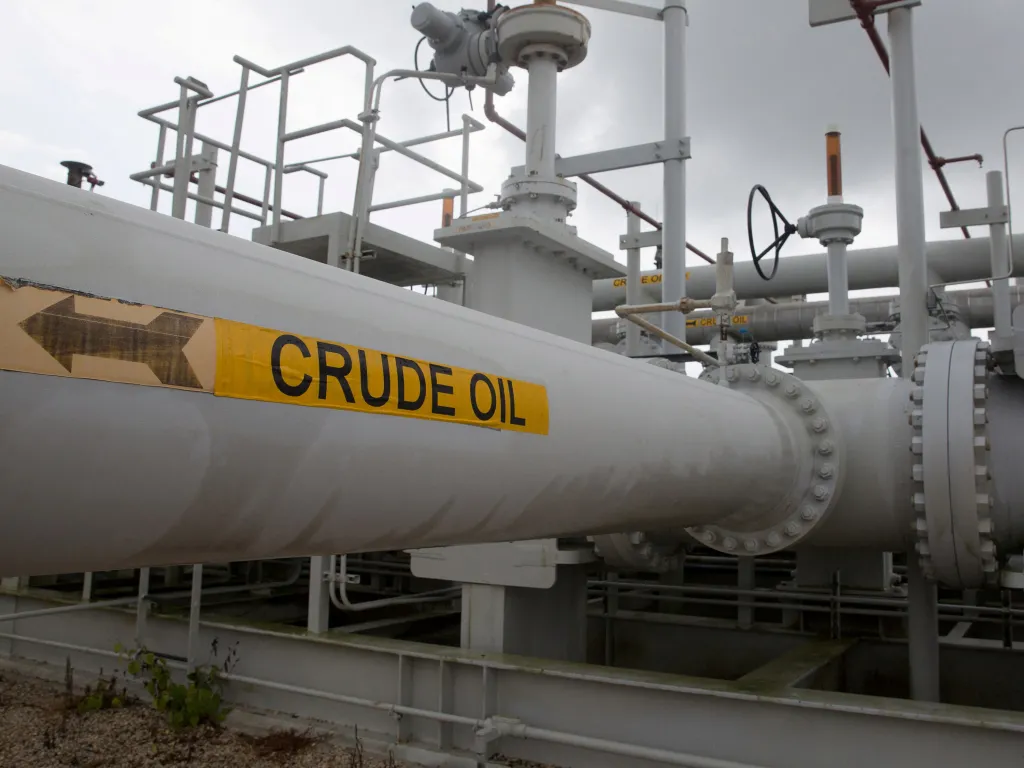A maze of crude oil pipes and valves at the Strategic Petroleum Reserve in Freeport, Texas.