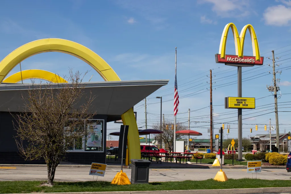 A McDonald's restaurant offering delivery and drive-thru service during social distancing.