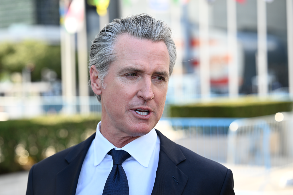 Governor Gavin Newsom speaking outside the United Nations Headquarters.