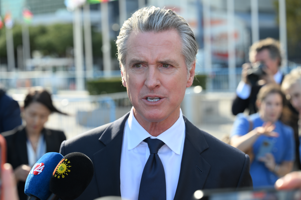 California Governor Gavin Newsom speaking to reporters outside the United Nations Headquarters.