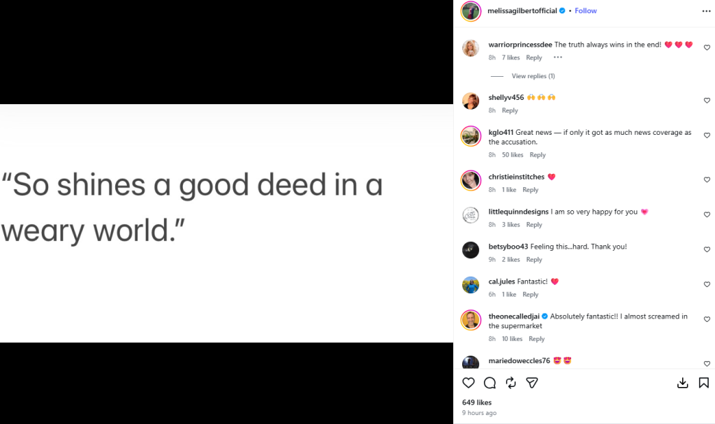 An Instagram post by Melissa Gilbert featuring a quote that reads, 
