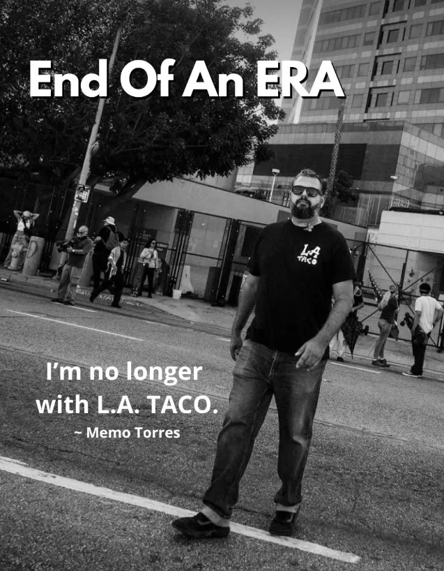 Black and white photo of Memo Torres walking on a street with the text 