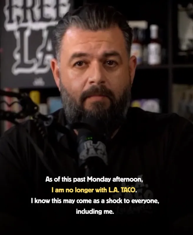 Memo Torres speaking into a microphone with text overlaid announcing his departure from L.A. TACO.