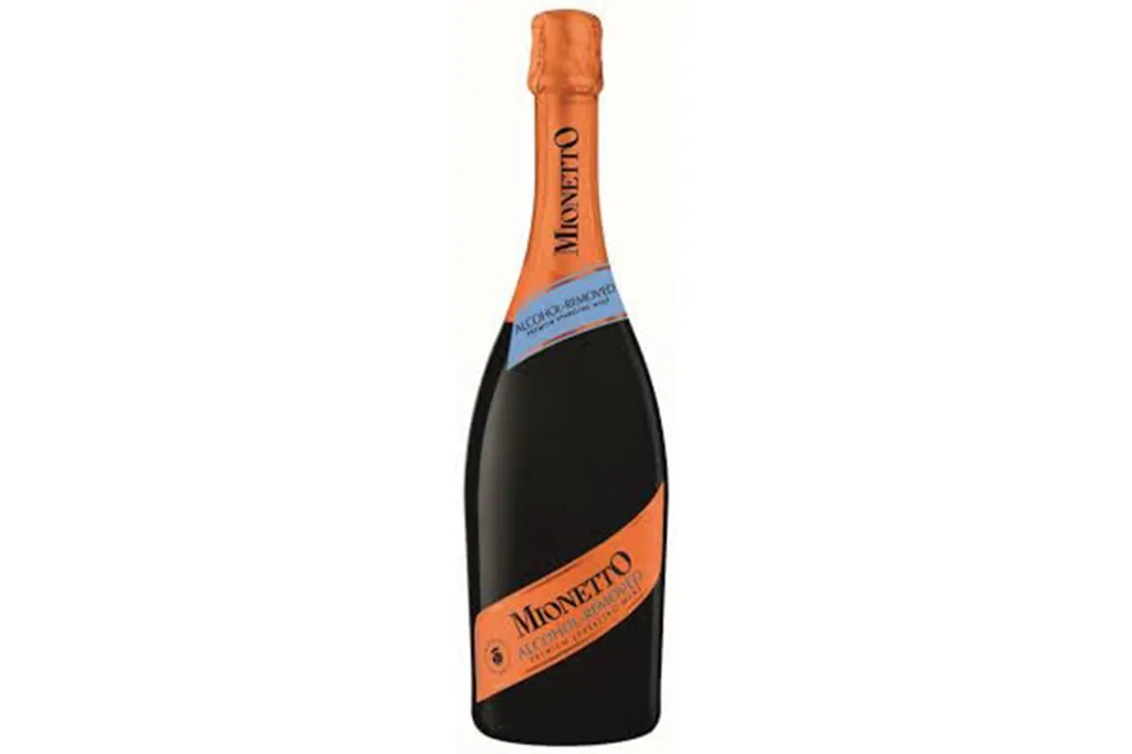 A bottle of Mionetto alcohol-removed sparkling wine against a white background.