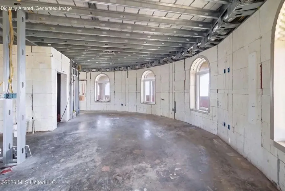 Interior view of the unfinished residence with concrete flooring, exposed metal ceiling joists, and arched windows along a curved wall.