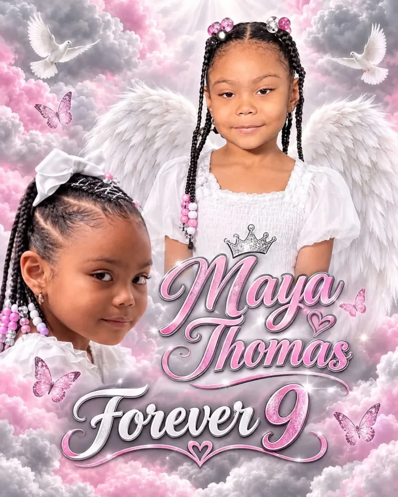Memorial illustration of Maya Thomas featuring photos of her with angel wings against a pink sky with clouds, doves, and butterflies.