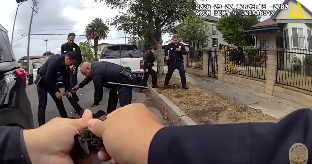Bodycam footage of police officers during an encounter on a residential street.