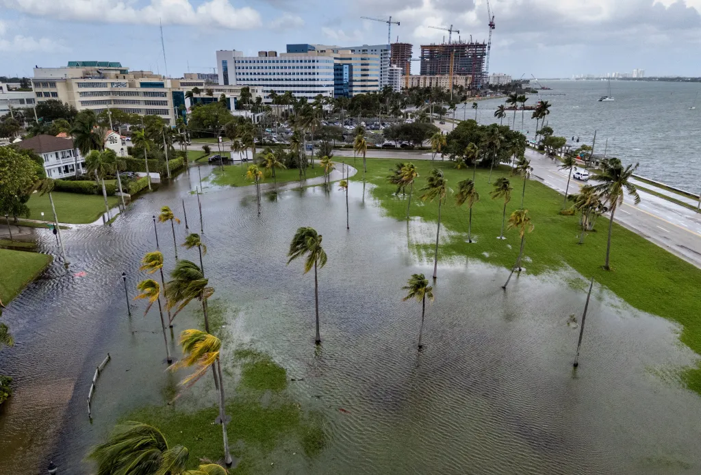 An aerial view shows coastal flooding covering a grassy park and palm trees in West Palm Beach, Florida.