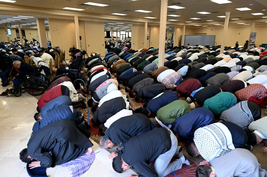 Muslims perform Eid al-Fitr prayer at the Muslim Community Association in Santa Clara, California.