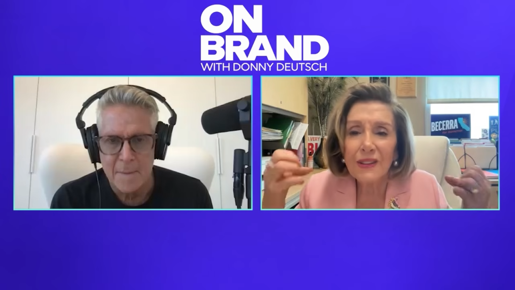 Collage of Donny Deutsch and Nancy Pelosi in a video call.