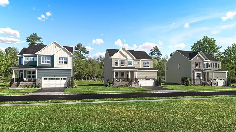 Illustration of three newly constructed houses in a suburban community.