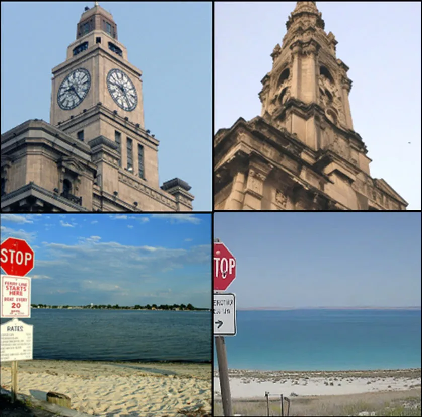 Composite featuring images of clocktowers and stop signs.