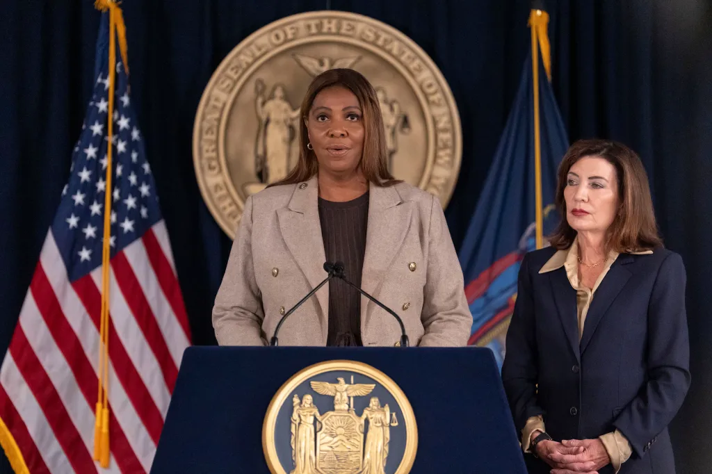 New York Attorney General Letitia James speaks at a press conference alongside New York Gov. Kathy Hochul after being appointed to be the special prosecutor in the Cornell 7 alleged rape case.