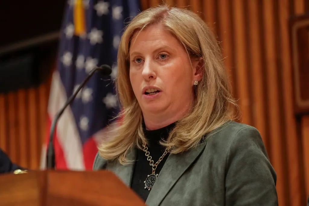 New York City Police Commissioner Jessica Tisch speaks at a press conference regarding crime statistics.
