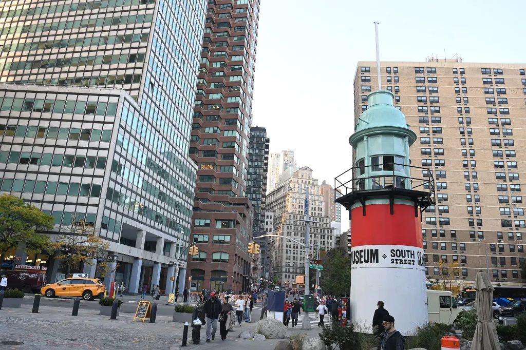 A general view of Water and Fulton Streets at the South Street Seaport.