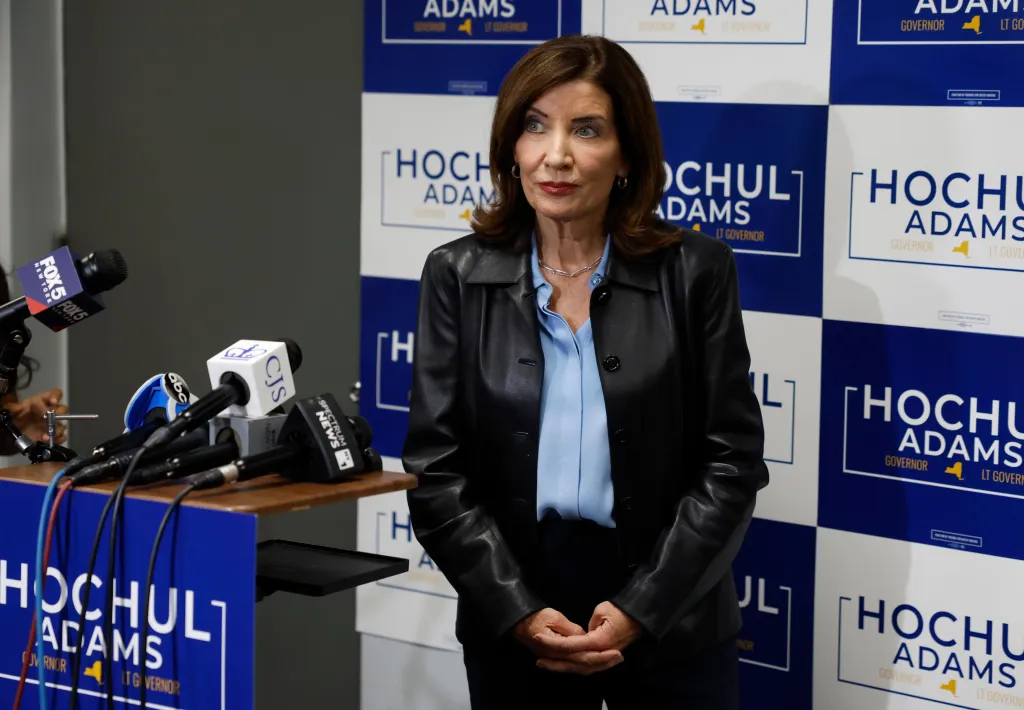 NY Gov. Kathy Hochul speaks to the media after attending a rally with HTC members and HTC President Rich Maroko before the November 3rd election in New York City on Oct. 27, 2026.