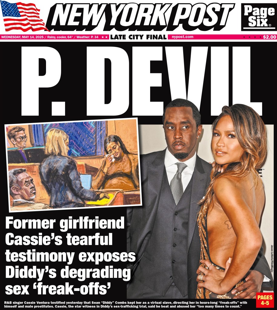 New York Post front page featuring a headline about Cassie's testimony against Sean 