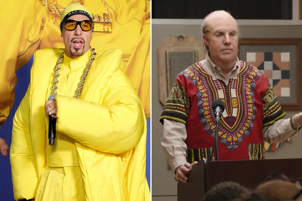 An image collage containing 2 images, Image 1 shows Sacha Baron Cohen dressed as Ali G in an oversized yellow suit, yellow sunglasses, and gold chain while holding a microphone, Image 2 shows Nira Cain-N'Degeocello gives a presentation in front of a screen displaying a photo of Sacha Baron Cohen dressed as Ali G