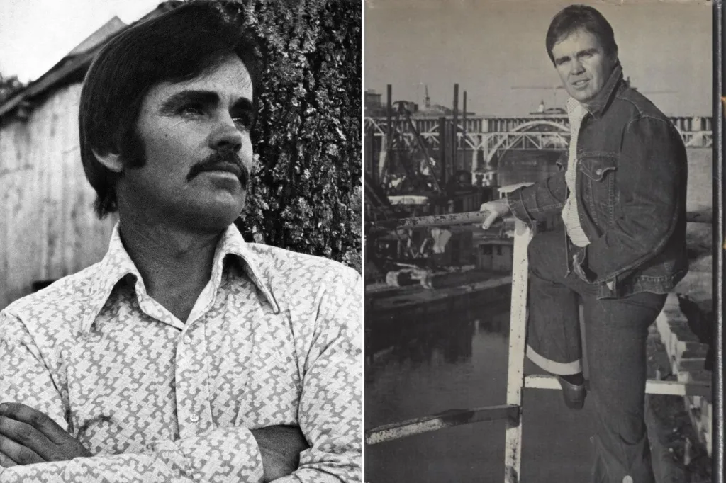An image collage containing 2 images, Image 1 shows Black-and-white portrait of Cormac McCarthy with a mustache, wearing a patterned shirt and posing with arms crossed in front of a tree and building, Image 2 shows Author Cormac McCarthy posing on a bridge overlooking a river, with industrial buildings and bridges in the background
