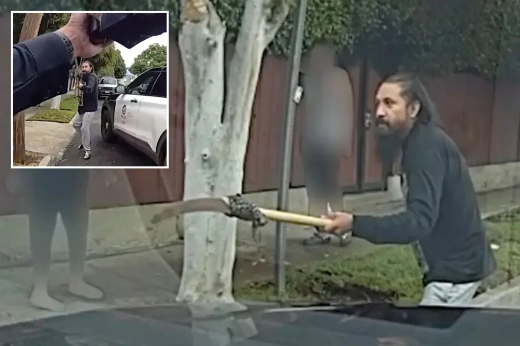 Moment madman with polesaw charges cops before he’s shot dead in bloody scene