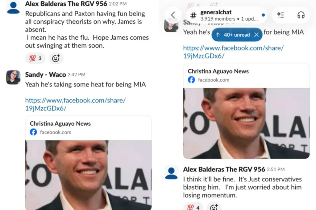 An image collage containing 2 images, Image 1 shows Screenshot of a group chat interface showing messages discussing political figures, including a Facebook link preview with a smiling man's photo, Image 2 shows Screenshot of a chat conversation discussing a Facebook link shared by Christina Aguayo News, accompanied by messages from Alex Balderas expressing concern over momentum and anticipating a comeback