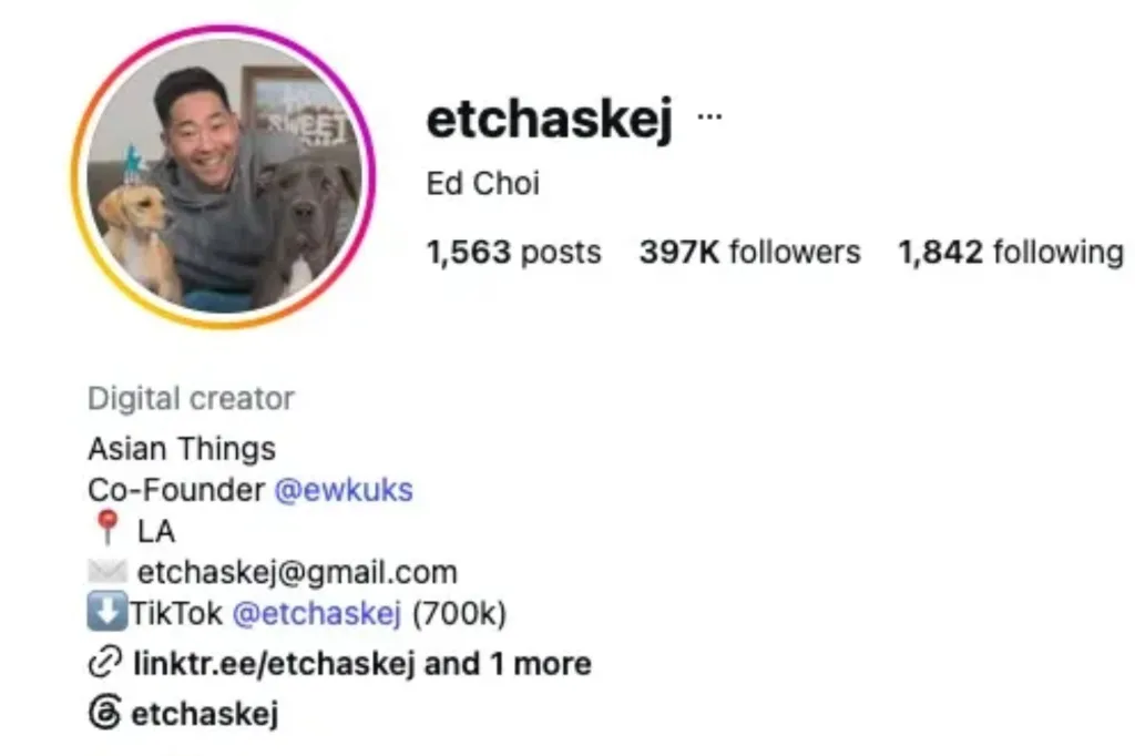An image collage containing 1 images, Image 1 shows Screenshot of the Instagram profile for Ed Choi, username @etchaskej, showing 1,563 posts, 397K followers, and 1,842 following, with bio details including co-founder of Asian Things and LA location