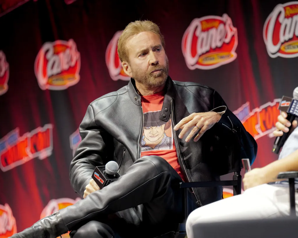 Nicolas Cage speaks onstage at New York Comic Con.