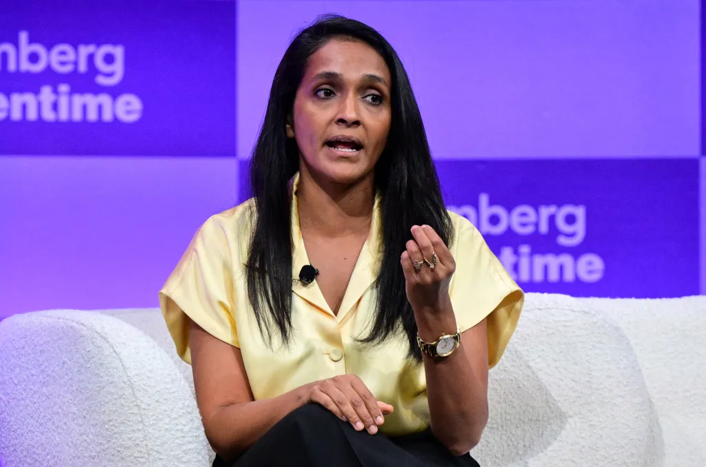 Nithya Raman speaks on stage during the Bloomberg Screentime conference.