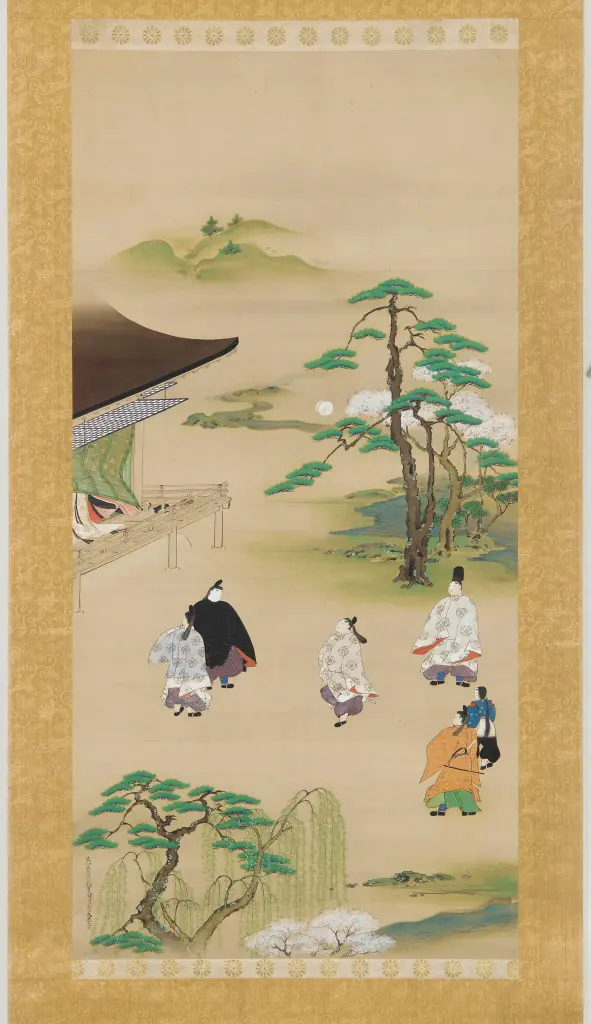 Illustration of a scene from The Tale of Genji, showing courtiers playing a game of kickball outdoors while a cat escapes from a screen room, revealing a princess inside.