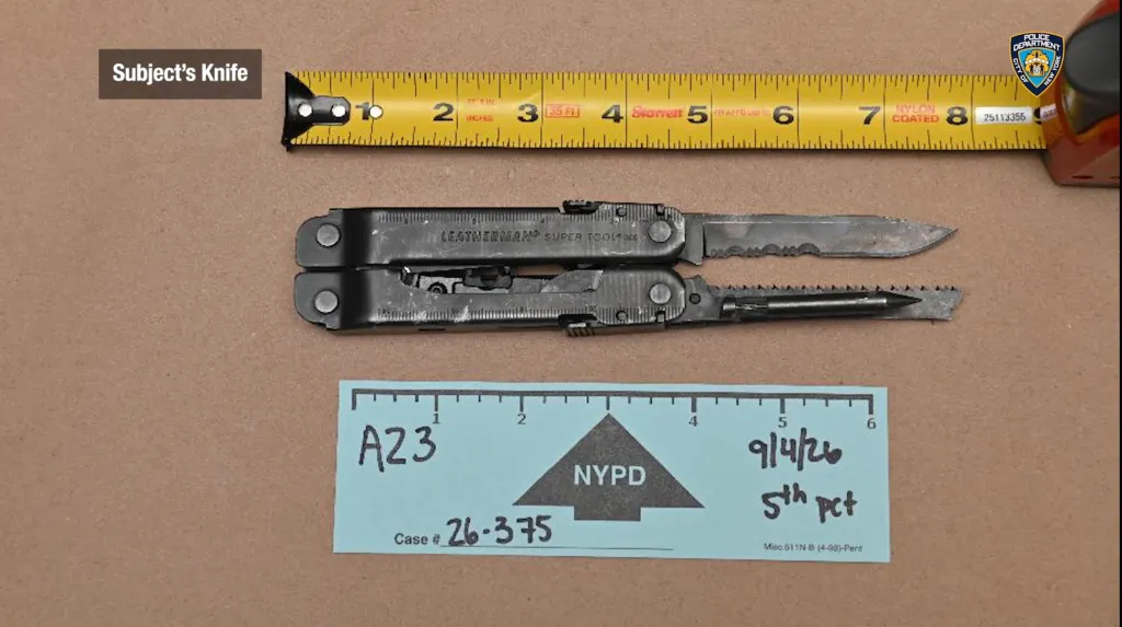 An open black Leatherman multi-tool knife displayed as evidence next to a tape measure and an NYPD evidence label.