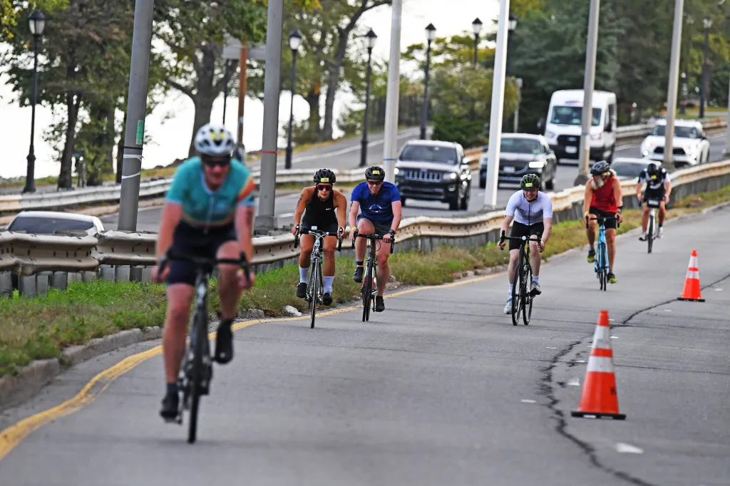 Competitors participate in the NYC Triathlon.