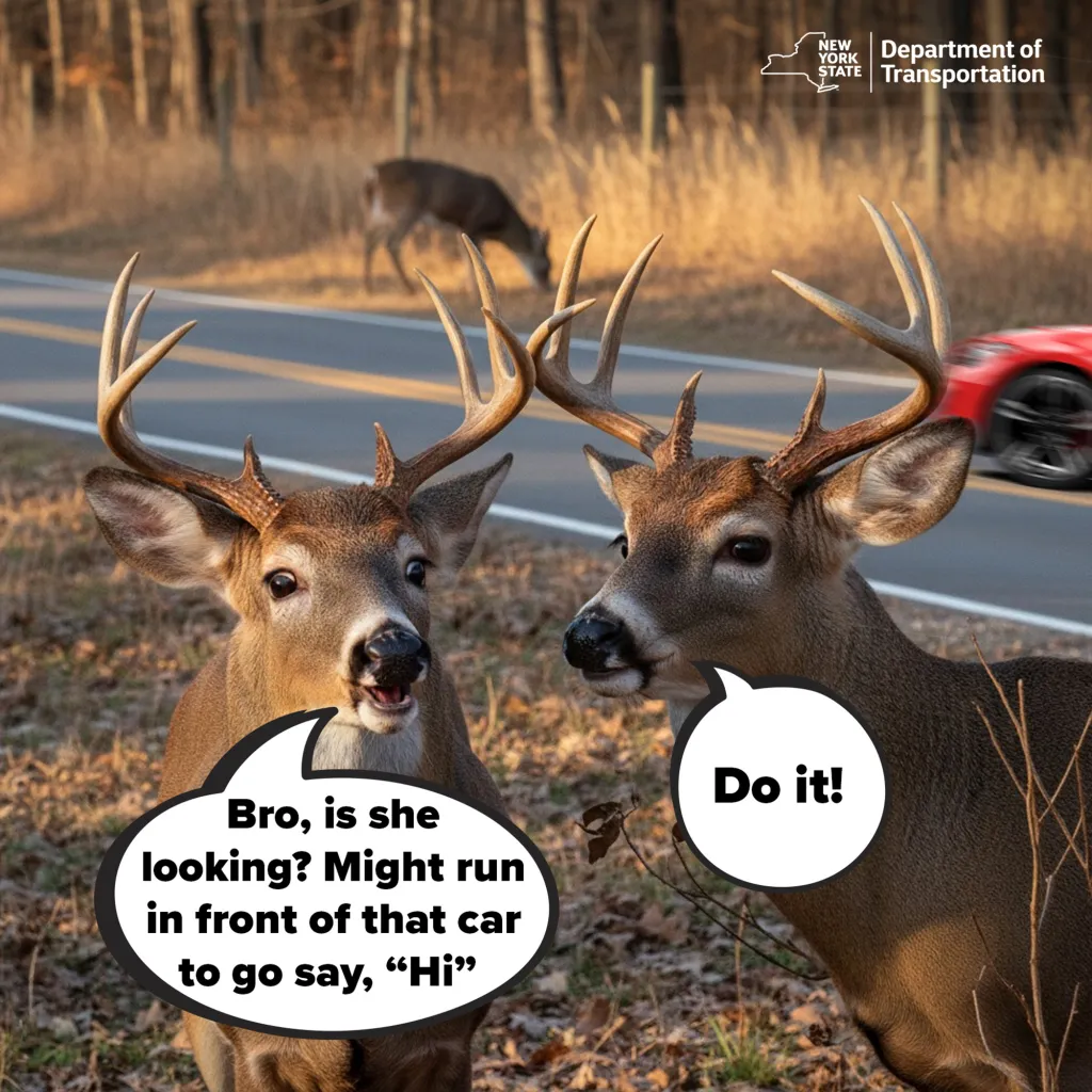An X Post with 2 deer talking about whether they should approach vehicles to say hello