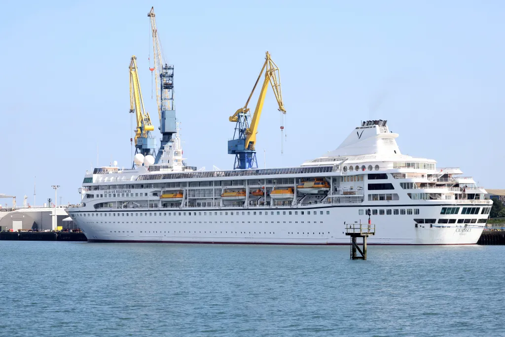 The Odyssey, a US cruise liner operated by Villa Vie Residences, is docked at the Harland & Wolff ship repair facility in Northern Ireland on Aug. 30, 2024.