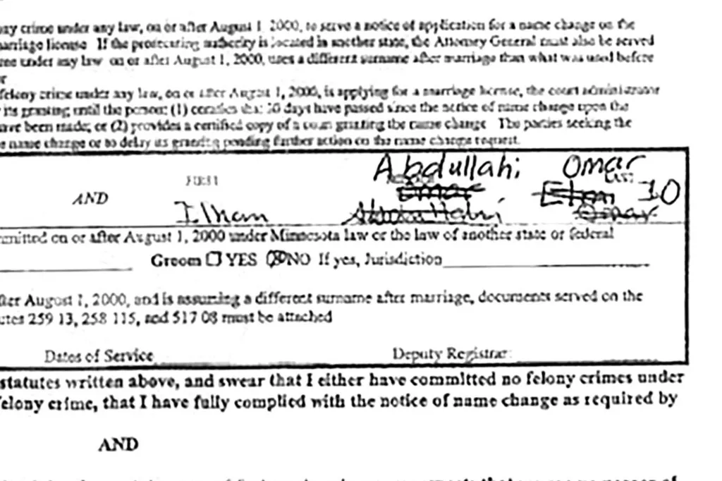 The marriage license application filled in by Ilhan Omar and Ahmed Elmi.