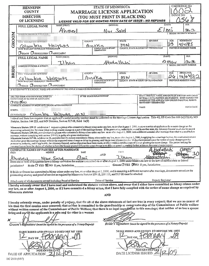 The marriage license application filled in by Ilhan Omar and Ahmed Elmi.