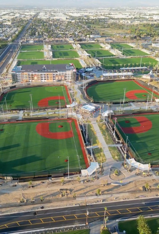 Aerial view of the Ontario Sports Empire facility featuring multiple baseball and soccer fields.
