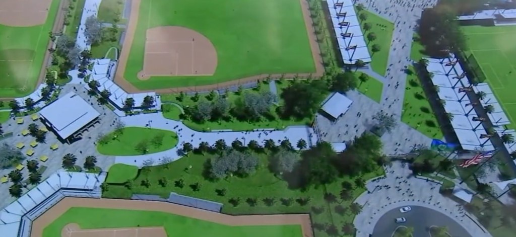 Illustration of an aerial view of the Ontario Sports Empire complex, featuring baseball fields, walkways, and seating areas.