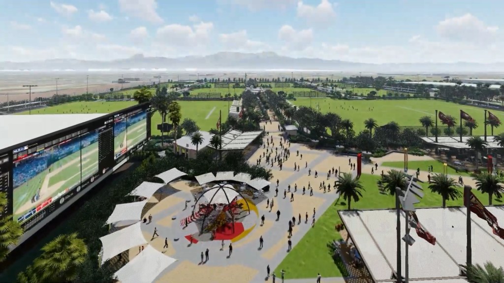 Illustration of the Ontario Sports Empire facility, showing a large screen, walking paths, and sports fields.