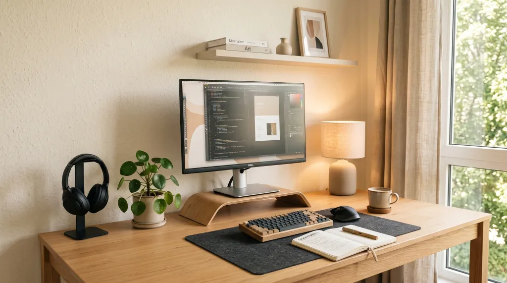 A minimalist home office desk setup with a computer, keyboard, mouse, headphones, and a small potted plant.