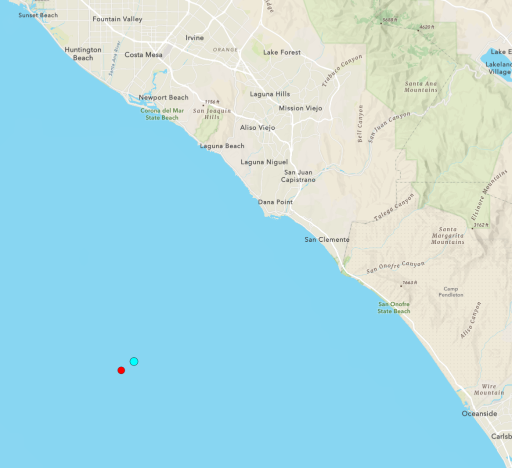 Map showing the epicenter of an earthquake off the coast of Orange County.