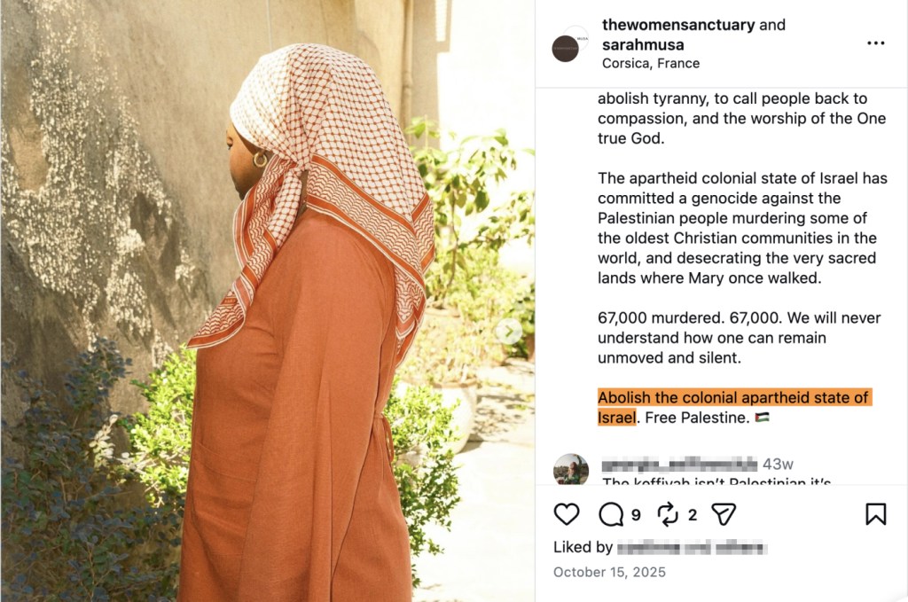 Screenshot of an Instagram post featuring a woman in a keffiyeh and a post text calling for the abolition of Israel.