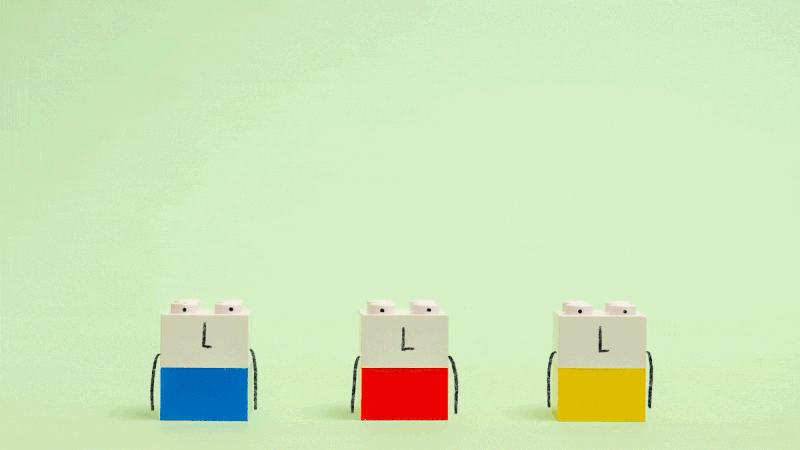 Animated GIF showing three sets of Legos in blue, red, and yellow stacking up to form humanlike figures with hand-drawn arms and facial features, against a mint-green background.