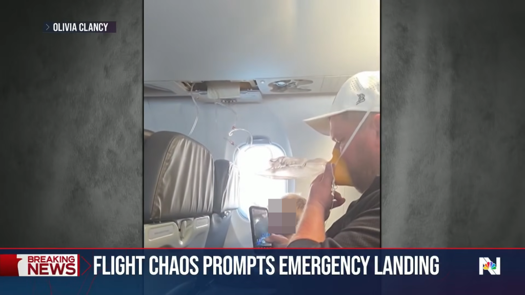 Oxygen masks dropped during a mid-air flight emergency.