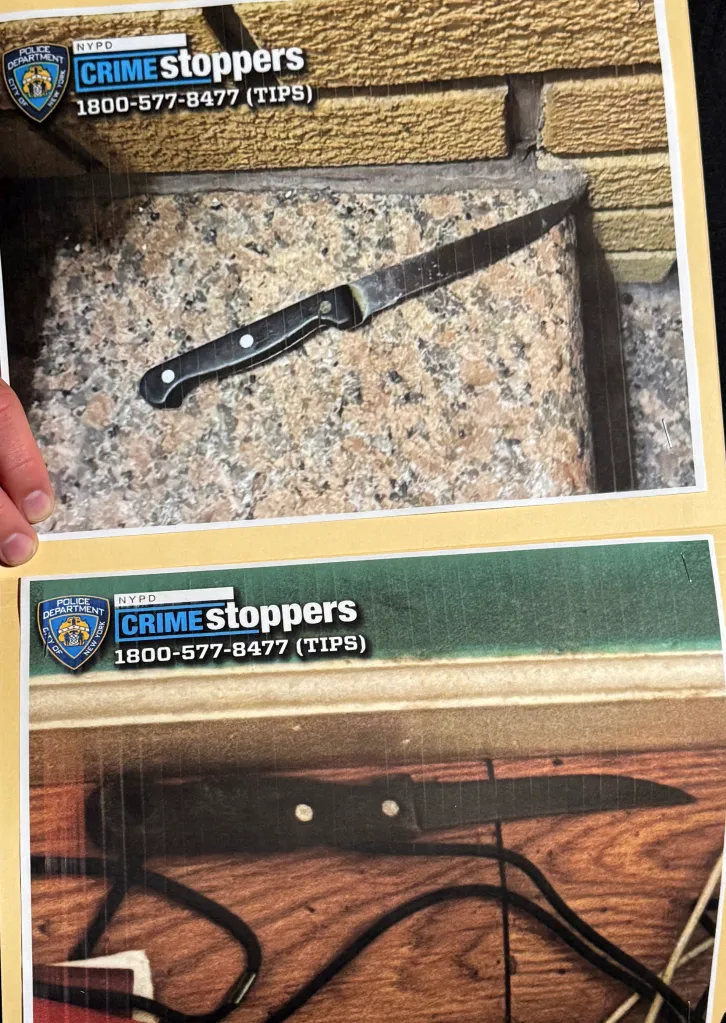 Collage of two images showing a knife at a shooting scene, accompanied by NYPD Crime Stoppers tips information.