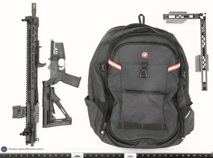 FBI evidence photo showing the broken-down Panther Arms semiautomatic rifle and backpack recovered from the shooting scene.