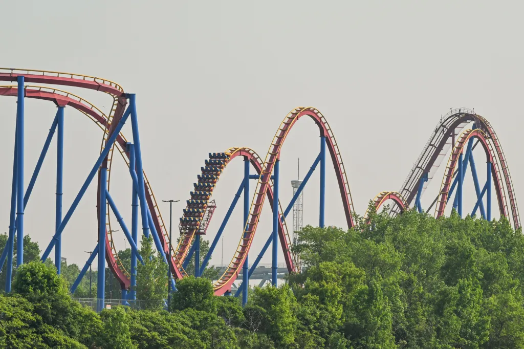 A partial view of the roller coaster at La Ronde amusement park in Montreal.